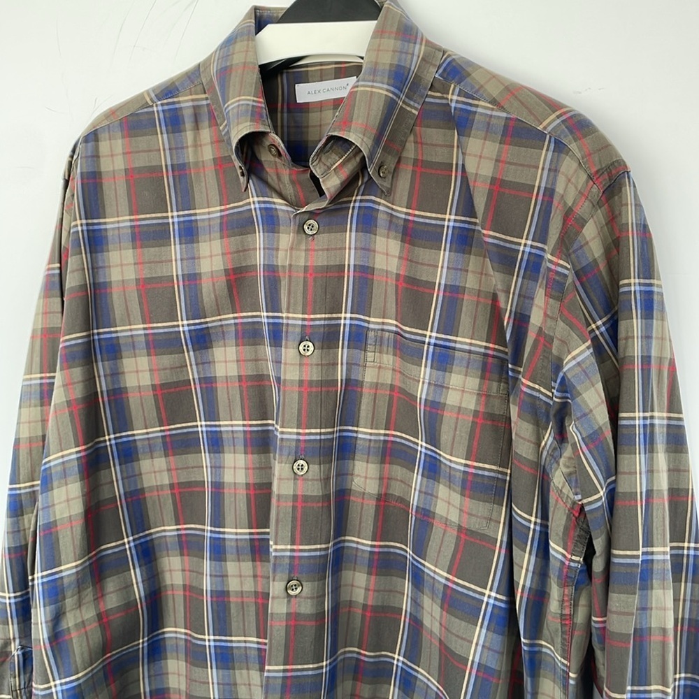 Alex Cannon Casual Green Plaid Button Down Shirt 100% Cotton Large